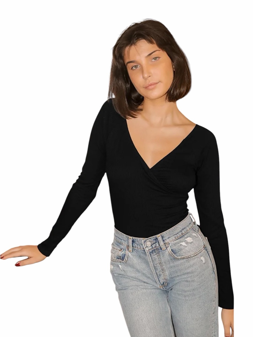 Lulu’s Most Important Black Ribbed Surplice Long Sleeve Top